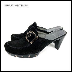 Stuart Weitzman Black Clogs Heels Suede  Studded Slides Sz 9M
